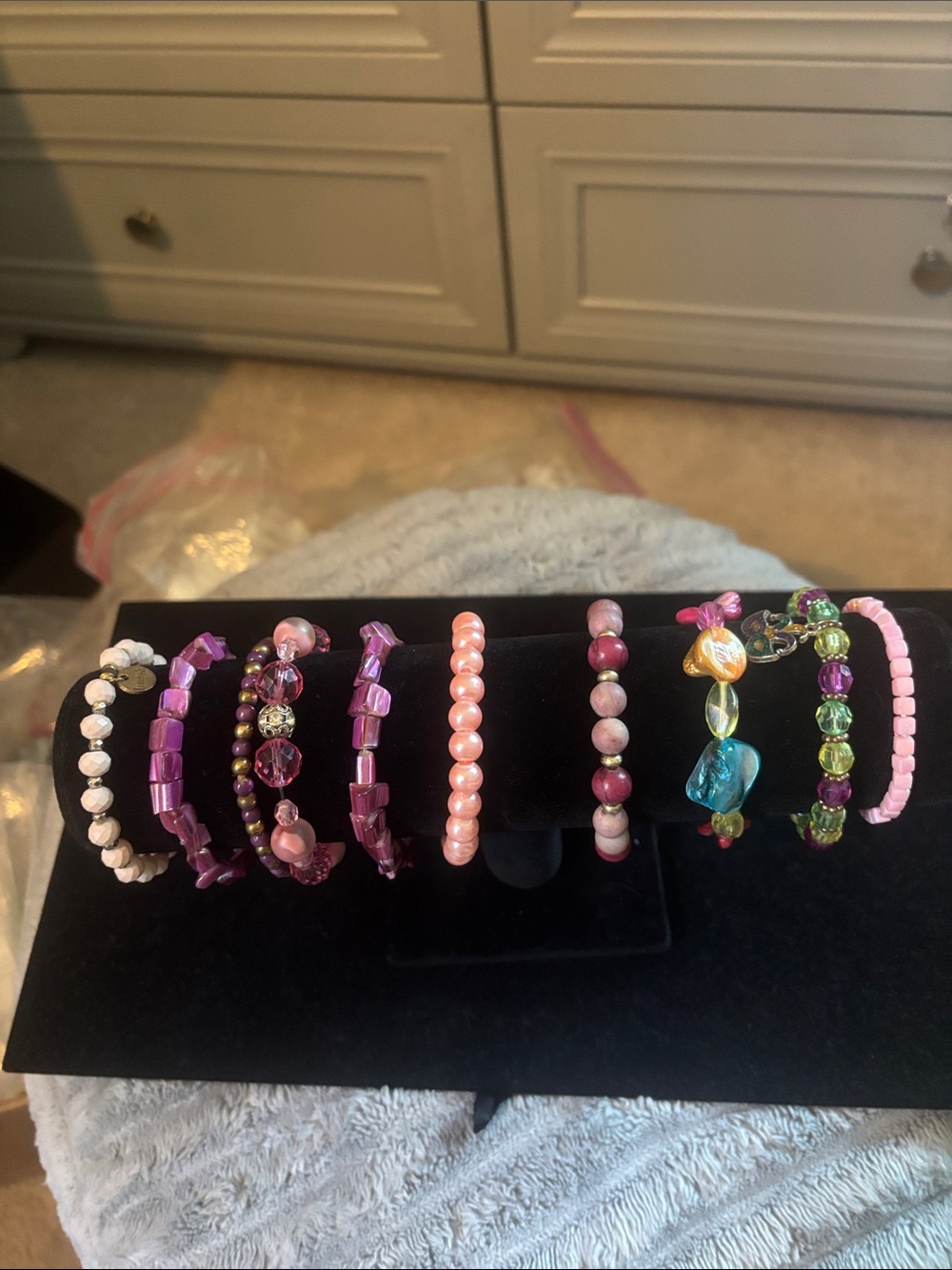Assorted Pink and Purple Beaded Stretchy Bracelet Set